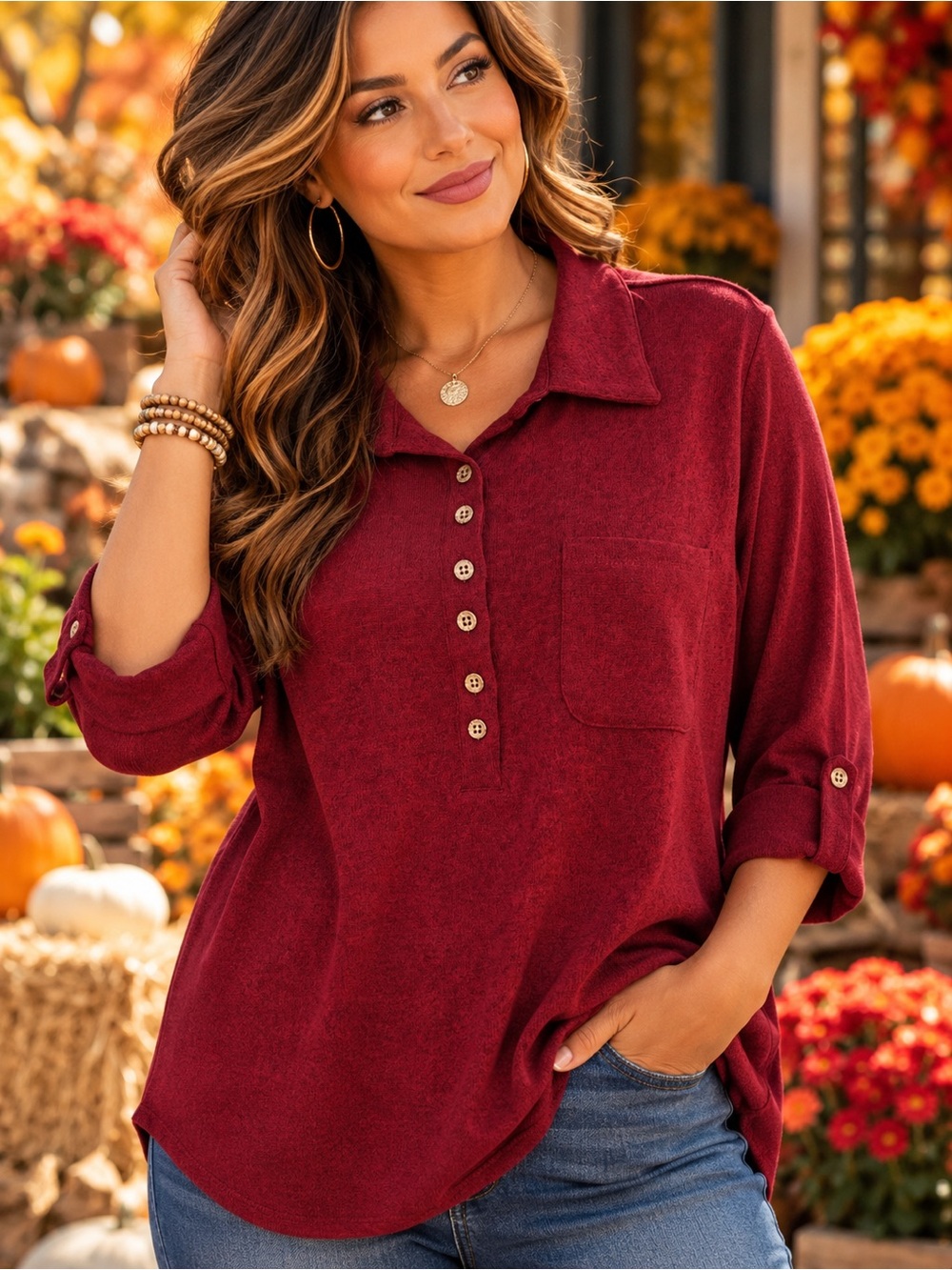 Kim Rogers Size Large Burgundy Red Collared Pullover Tunic Roll Tab Sleeve Top